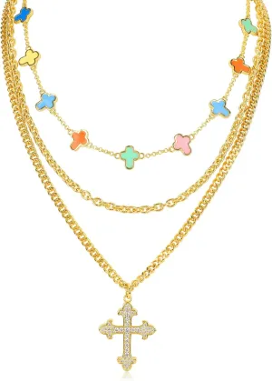 Multilayered Cute Gold Charm Necklace for Women 14K Gold Plated Colorful Enamel Flower Smiley Face Love Heart Cross Pendant Choker Necklace with Cubic Zirconia Adjustable Trendy Preppy Jewelry Gift