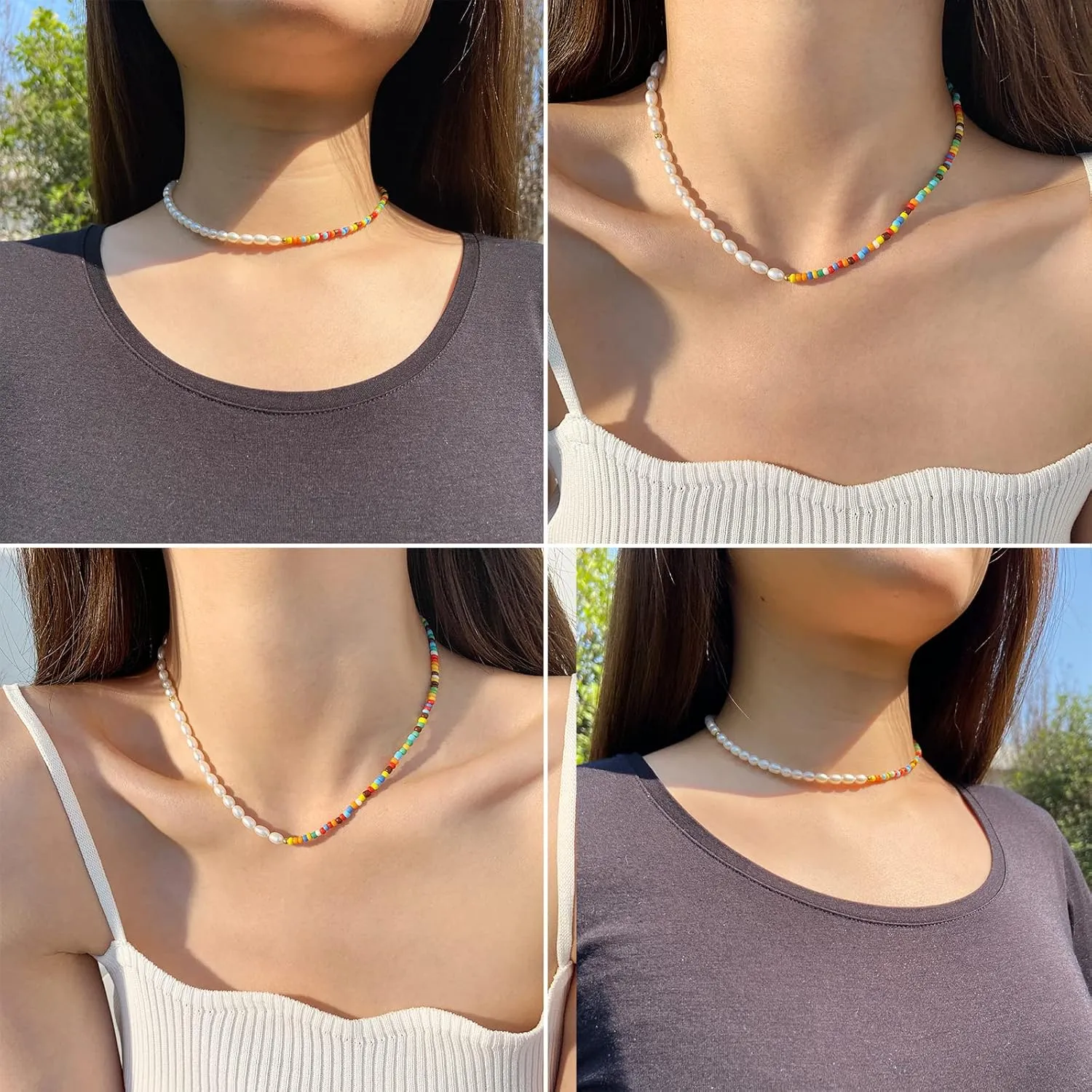 Natural Freshwater Pearl Fun Flirty Beaded Choker Necklace Handmade Summer Boho Jewlery Gifts for Women Teen