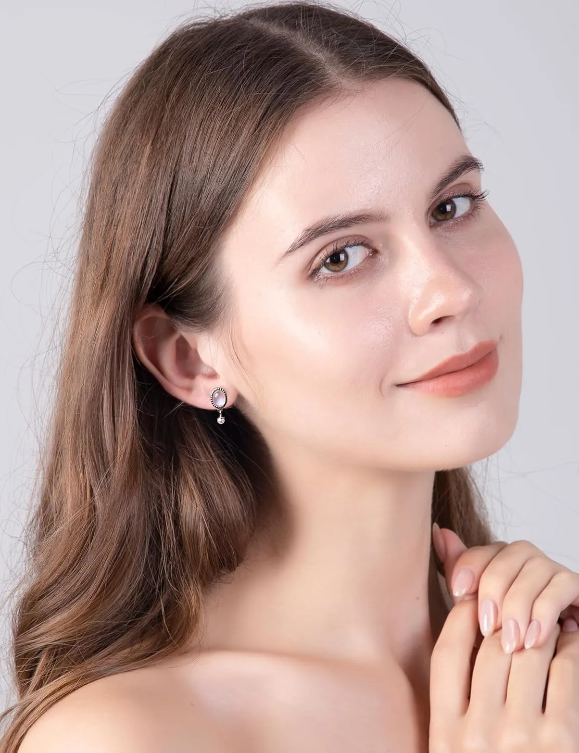 Natural Moonstone/Black pearl shell 925 Sterling Silver Stud Earrings, Gemstone Gift for Women Girl, with an Elegant Gift Box (Moonstone)