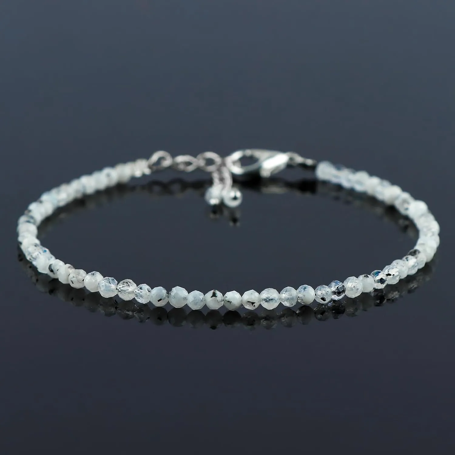 Natural Real Moonstone Crystals Bracelet, 3mm Best Grade Micro Cut Beads, Chakra Healing Gemstone, Beautiful Simple Jewelry, Silver Plated Jewelry 7 1 inch