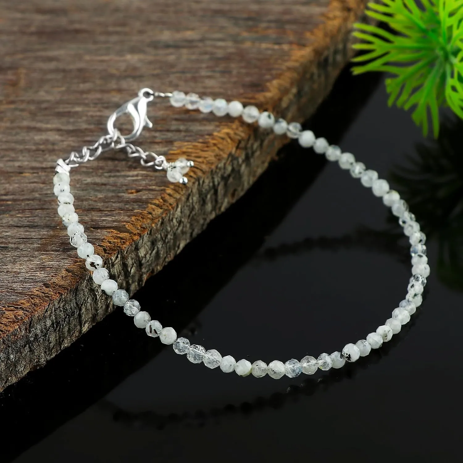 Natural Real Moonstone Crystals Bracelet, 3mm Best Grade Micro Cut Beads, Chakra Healing Gemstone, Beautiful Simple Jewelry, Silver Plated Jewelry 7 1 inch