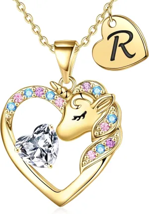 Necklace for Girls Kids Gifts - Colorful CZ Heart Initial Necklaces Unicorn Necklace for Girls Jewelry Birthday Graduation Gifts for Little Girl Kids