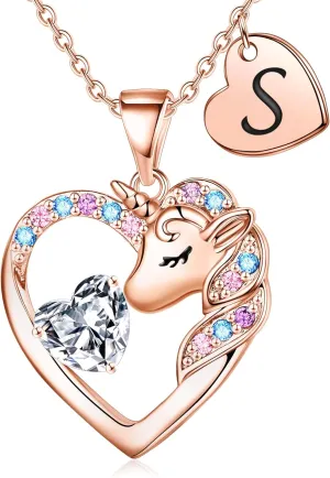 Necklace for Girls Kids Gifts - Colorful CZ Heart Initial Necklaces Unicorn Necklace for Girls Jewelry Birthday Graduation Gifts for Little Girl Kids
