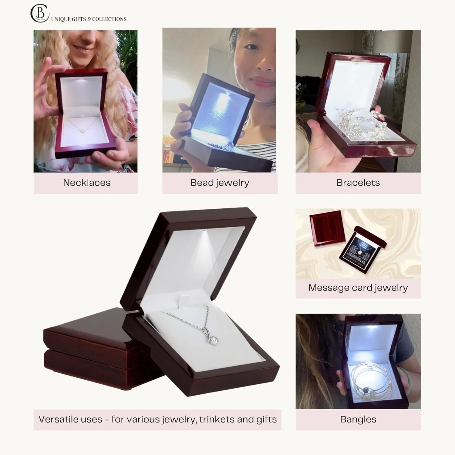 Necklace Gift Box with Light  Small Jewelry Display Case for Bracelet, Earrings, or Chains  Luxury Lighted Wooden Presentation Box for Gifts, DIY Crafts, Mahogany Cream Interior