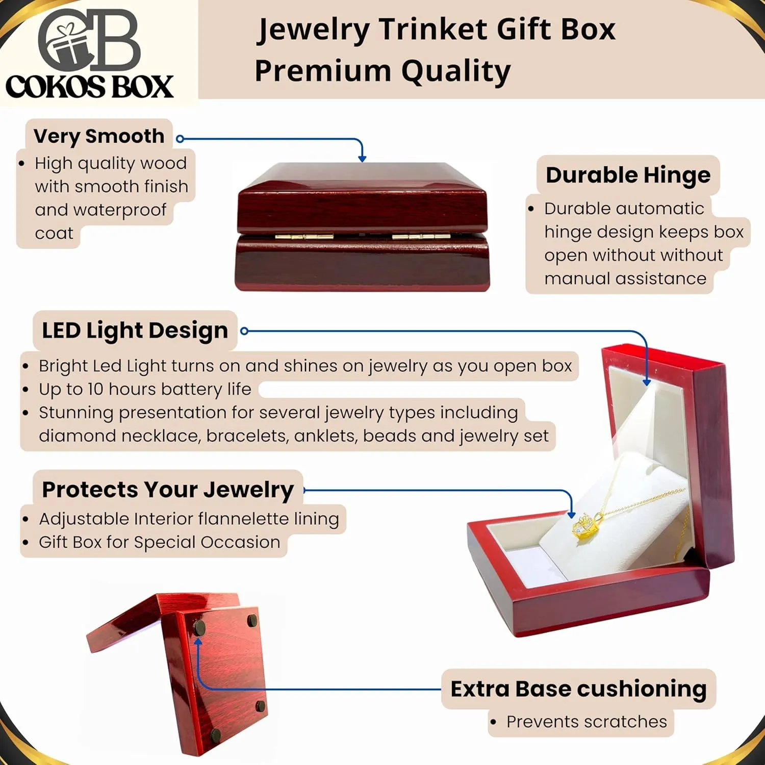 Necklace Gift Box with Light  Small Jewelry Display Case for Bracelet, Earrings, or Chains  Luxury Lighted Wooden Presentation Box for Gifts, DIY Crafts, Mahogany Cream Interior