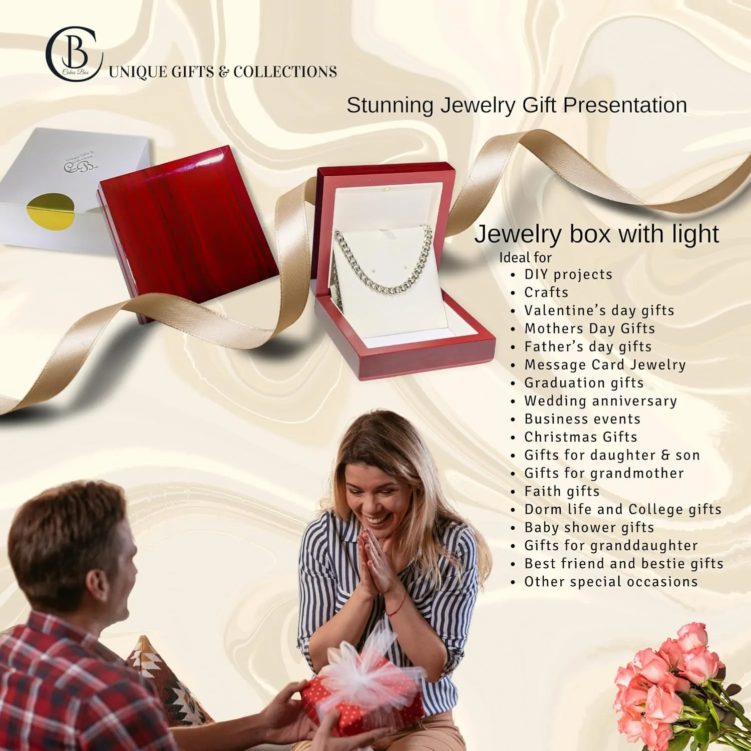 Necklace Gift Box with Light  Small Jewelry Display Case for Bracelet, Earrings, or Chains  Luxury Lighted Wooden Presentation Box for Gifts, DIY Crafts, Mahogany Cream Interior