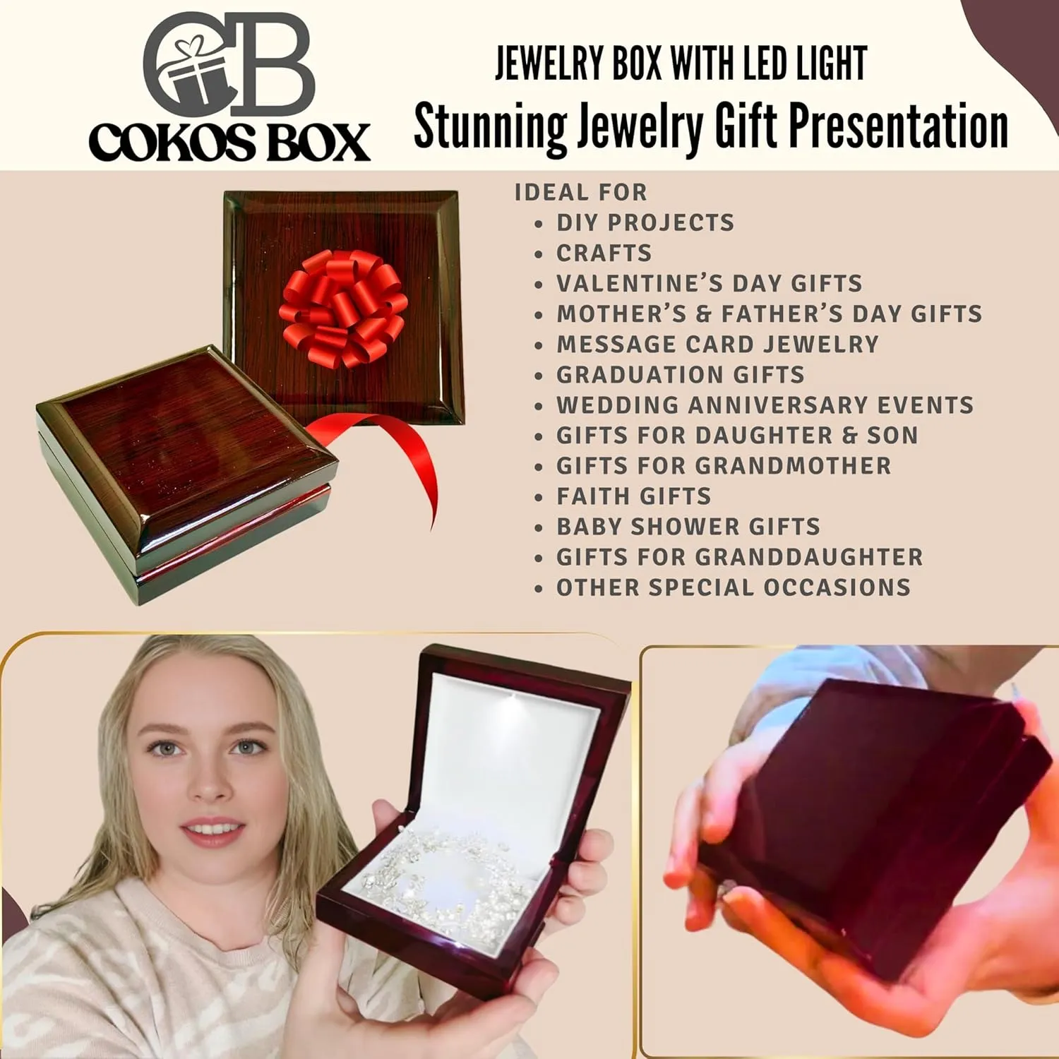 Necklace Gift Box with Light  Small Jewelry Display Case for Bracelet, Earrings, or Chains  Luxury Lighted Wooden Presentation Box for Gifts, DIY Crafts, Mahogany, White Interior