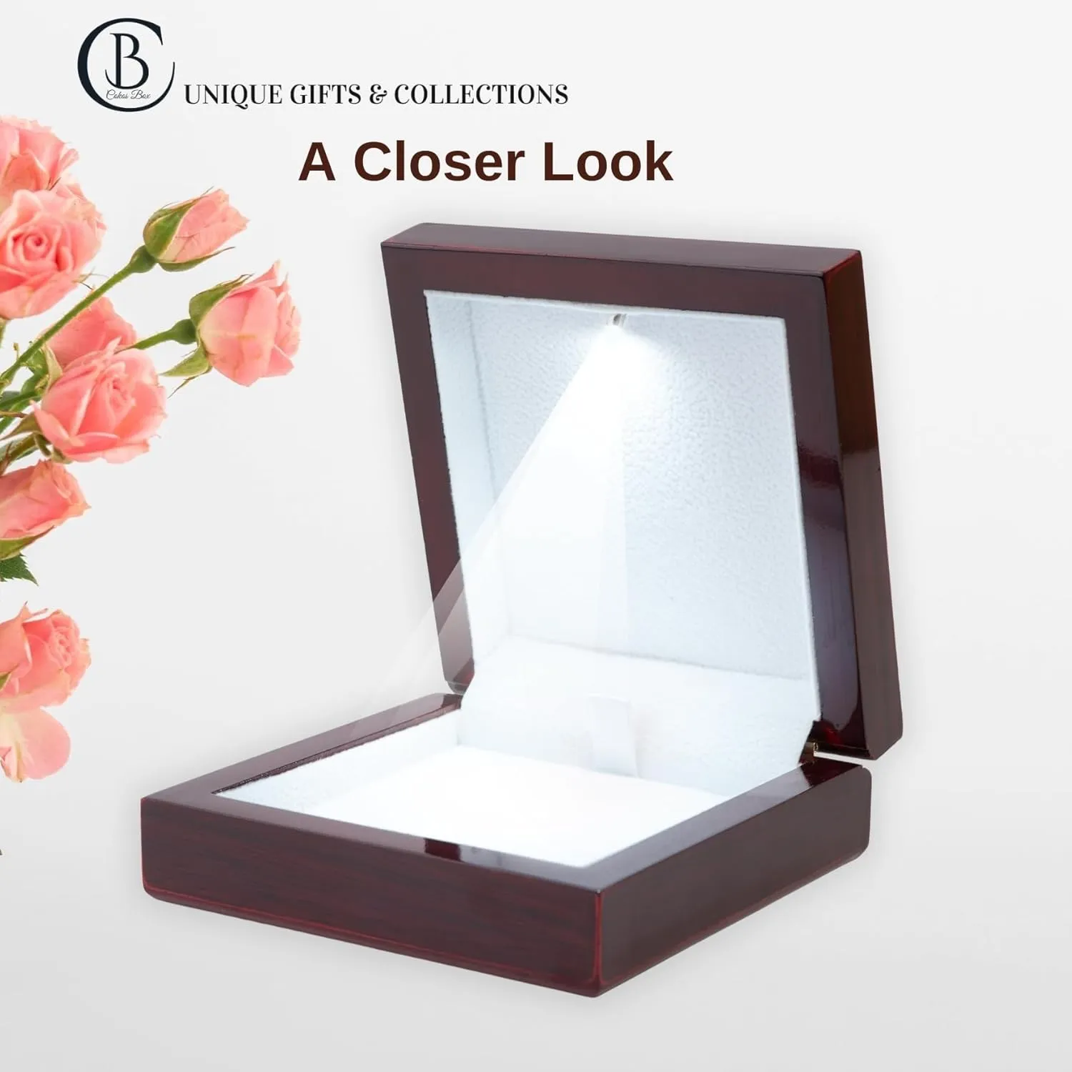 Necklace Gift Box with Light  Small Jewelry Display Case for Bracelet, Earrings, or Chains  Luxury Lighted Wooden Presentation Box for Gifts, DIY Crafts, Mahogany, White Interior