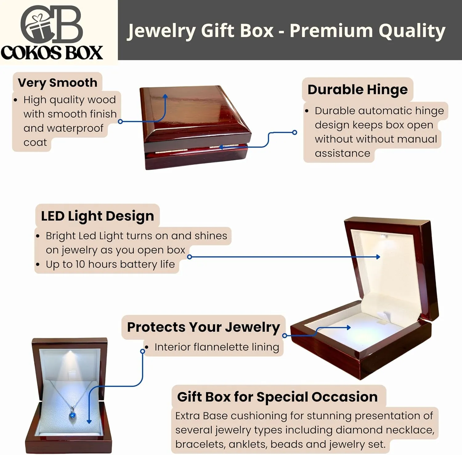 Necklace Gift Box with Light  Small Jewelry Display Case for Bracelet, Earrings, or Chains  Luxury Lighted Wooden Presentation Box for Gifts, DIY Crafts, Mahogany, White Interior