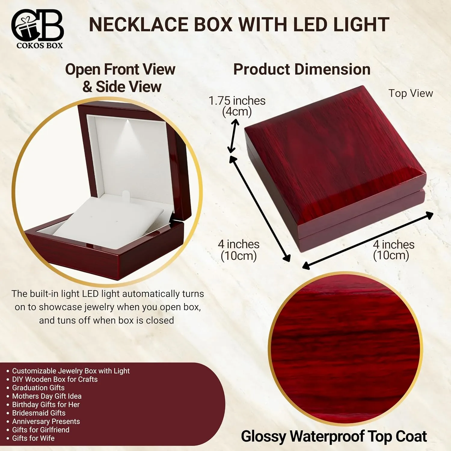 Necklace Gift Box with Light  Small Jewelry Display Case for Bracelet, Earrings, or Chains  Luxury Lighted Wooden Presentation Box for Gifts, DIY Crafts, Mahogany, White Interior