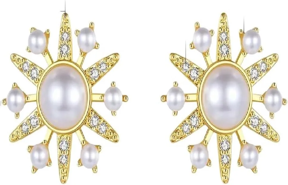New 2026 Unisex Luxury Sparkling Sunflower Shape Cubic Zirconia Stud Earrings For Women Cute Imitation Pearl Bridal Wedding Decoration Jewelry With You Accessories Trendy For Women And Men