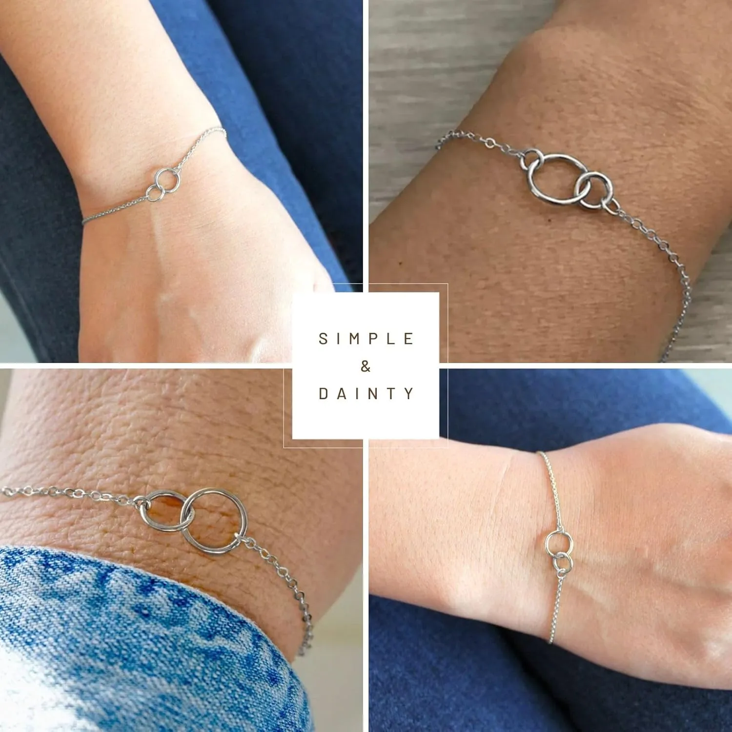 NOKMIT Solid 925 Sterling Silver Bracelets for Women, Dainty Interlocking Circles Cubic Zirconia Adjustable Chain Bracelet, Trendy Stackable Link Bracelets, Simple Cute Jewelry Gifts