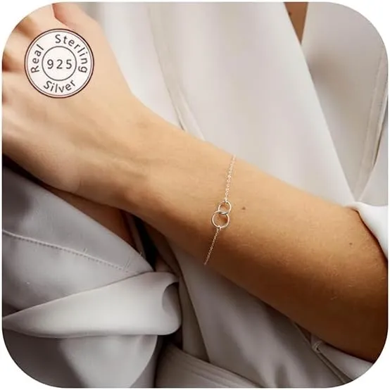 NOKMIT Solid 925 Sterling Silver Bracelets for Women, Dainty Interlocking Circles Cubic Zirconia Adjustable Chain Bracelet, Trendy Stackable Link Bracelets, Simple Cute Jewelry Gifts