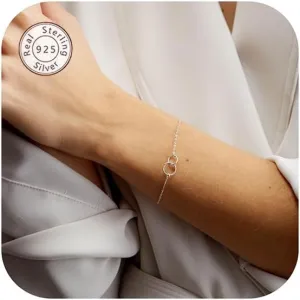 NOKMIT Solid 925 Sterling Silver Bracelets for Women, Dainty Interlocking Circles Cubic Zirconia Adjustable Chain Bracelet, Trendy Stackable Link Bracelets, Simple Cute Jewelry Gifts