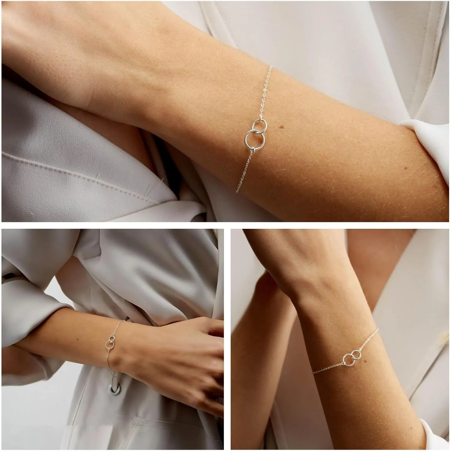 NOKMIT Solid 925 Sterling Silver Bracelets for Women, Dainty Interlocking Circles Cubic Zirconia Adjustable Chain Bracelet, Trendy Stackable Link Bracelets, Simple Cute Jewelry Gifts