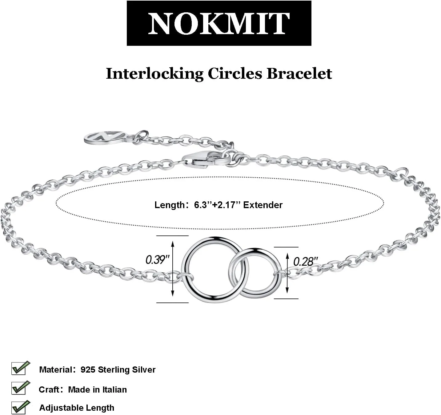 NOKMIT Solid 925 Sterling Silver Bracelets for Women, Dainty Interlocking Circles Cubic Zirconia Adjustable Chain Bracelet, Trendy Stackable Link Bracelets, Simple Cute Jewelry Gifts