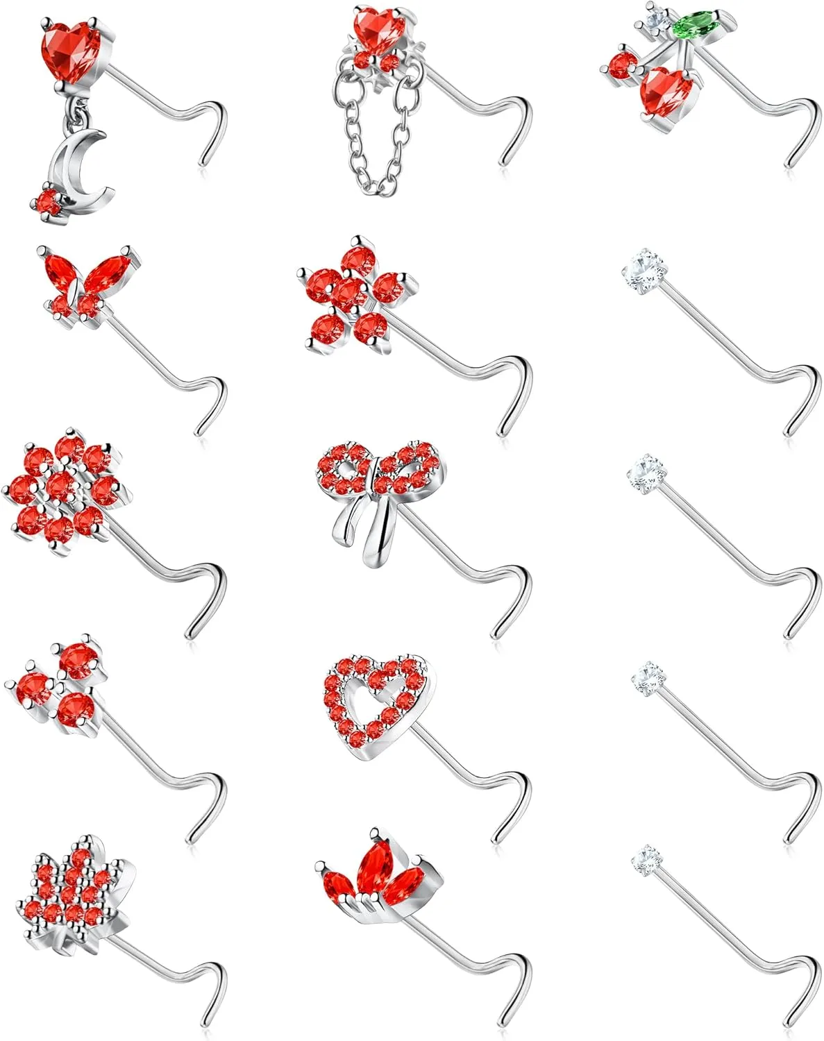 Nose Rings Corkscrew for Women Nose Piercings 20G Surgical Stainless Steel Gold Nose Studs Pink Red CZ Heart Butterfly Flower Cherry Bow Moon Dangle Nose Piercing Jewelry