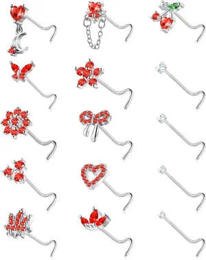 Nose Rings Corkscrew for Women Nose Piercings 20G Surgical Stainless Steel Gold Nose Studs Pink Red CZ Heart Butterfly Flower Cherry Bow Moon Dangle Nose Piercing Jewelry