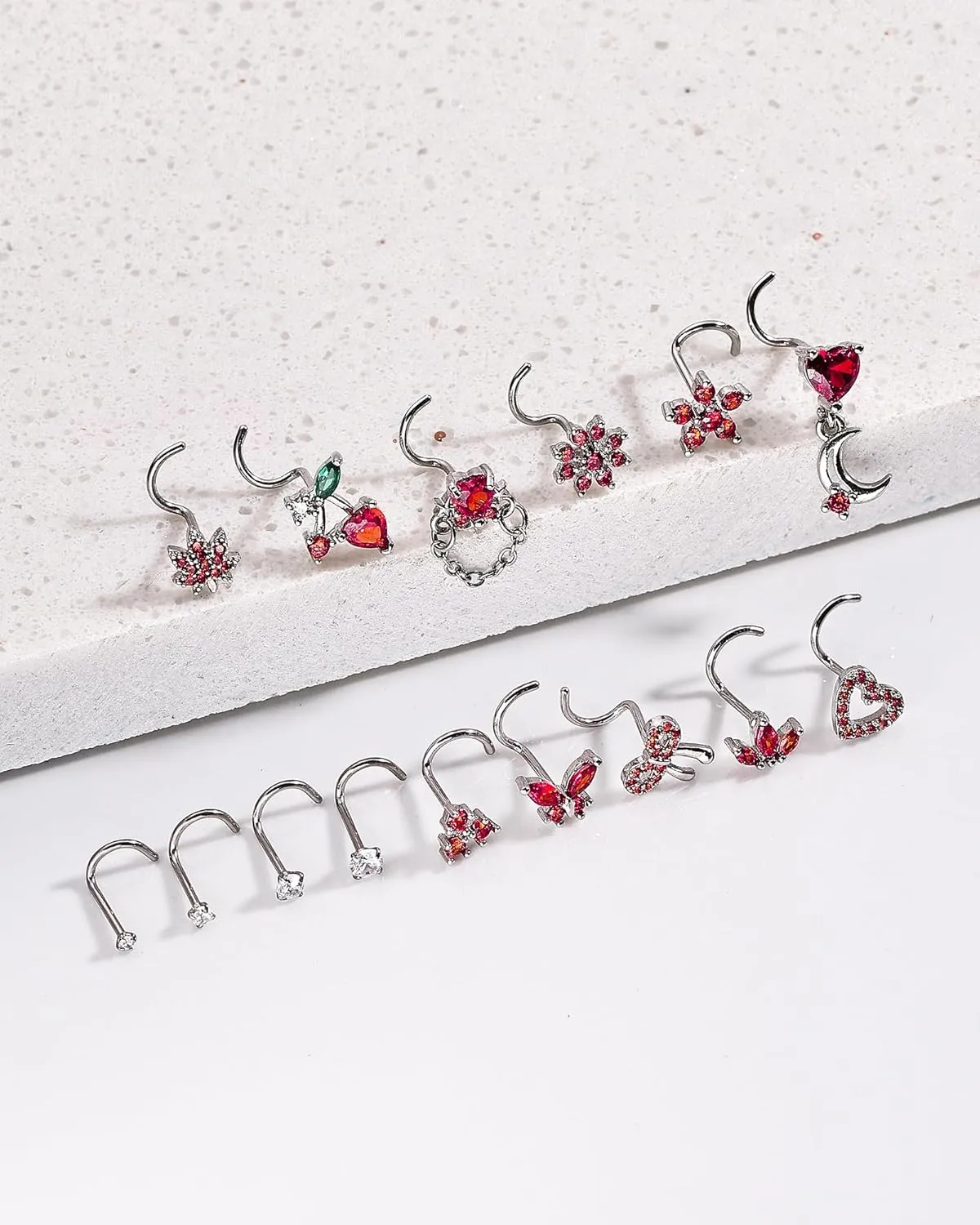 Nose Rings Corkscrew for Women Nose Piercings 20G Surgical Stainless Steel Gold Nose Studs Pink Red CZ Heart Butterfly Flower Cherry Bow Moon Dangle Nose Piercing Jewelry