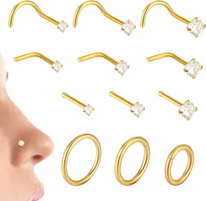 Nose Rings Hoop Nose Studs Sets,12Pcs L Stainless Steel Hinged Clicker Segment Noses Rings Hoop Corkscrew Noses Piercing Stud for Women Men(Gold)
