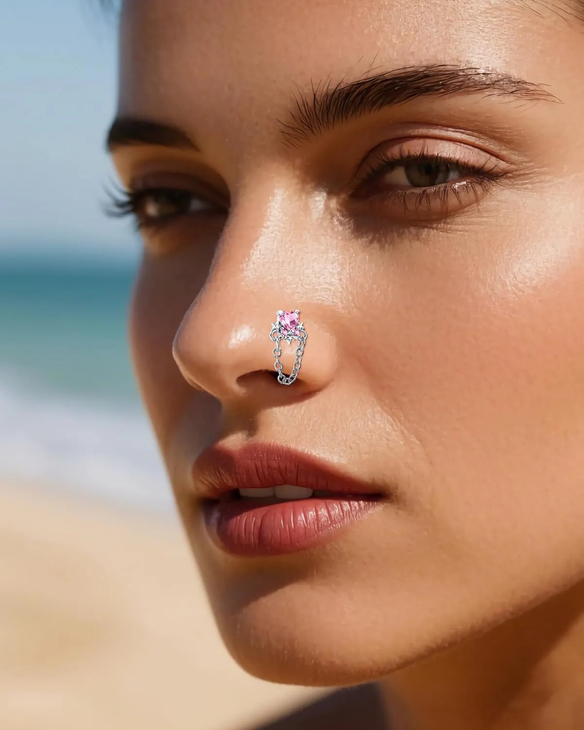 Nose Rings L Shaped for Women Nose Piercings 20G Surgical Stainless Steel Gold Nose Studs Pink Red CZ Heart Butterfly Flower Cherry Bow Moon Dangle Nose Piercing Jewelry