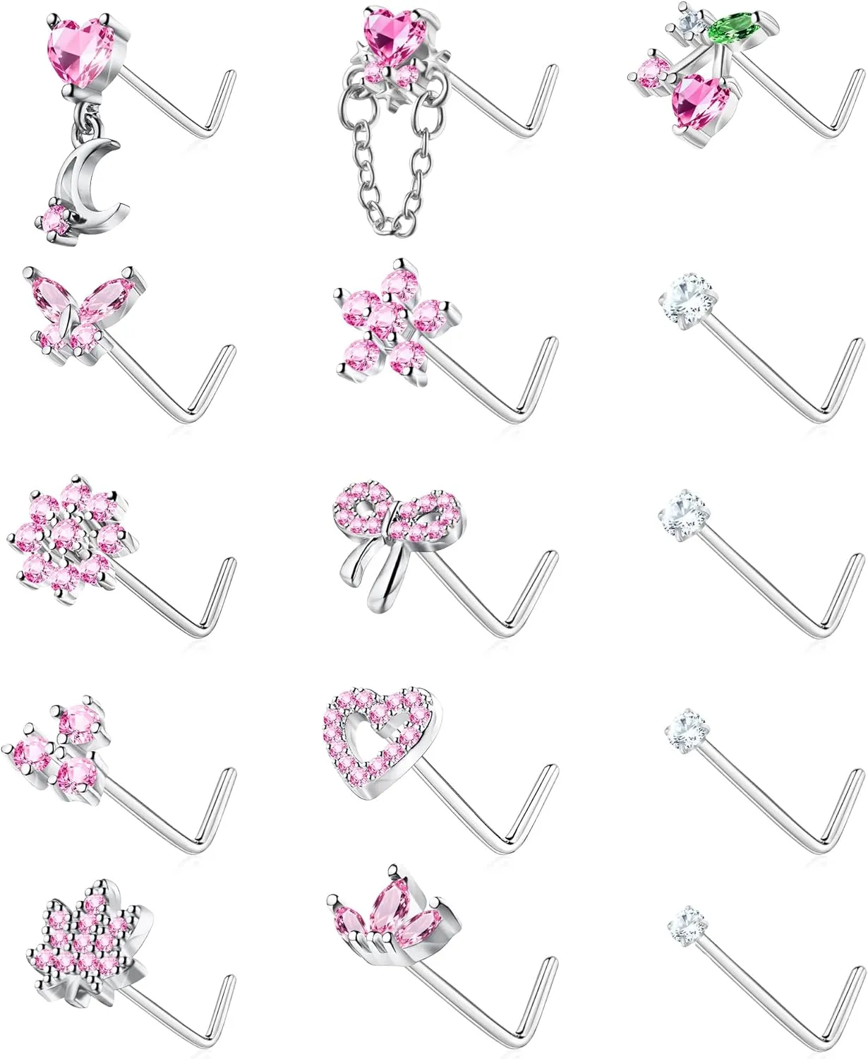 Nose Rings L Shaped for Women Nose Piercings 20G Surgical Stainless Steel Gold Nose Studs Pink Red CZ Heart Butterfly Flower Cherry Bow Moon Dangle Nose Piercing Jewelry