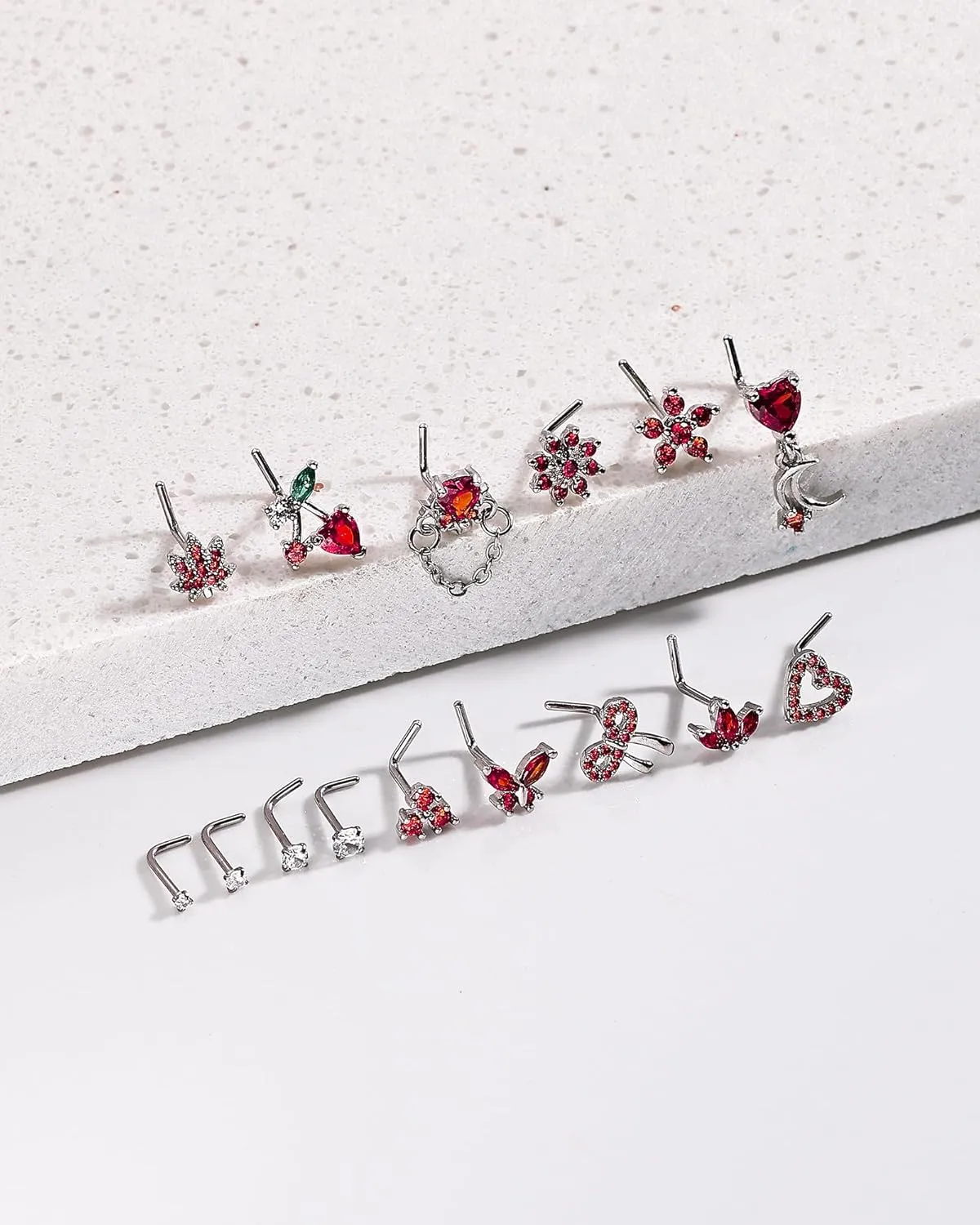 Nose Rings L Shaped for Women Nose Piercings 20G Surgical Stainless Steel Gold Nose Studs Pink Red CZ Heart Butterfly Flower Cherry Bow Moon Dangle Nose Piercing Jewelry
