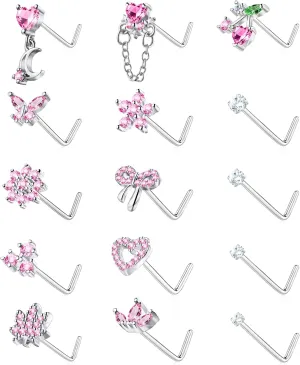 Nose Rings L Shaped for Women Nose Piercings 20G Surgical Stainless Steel Gold Nose Studs Pink Red CZ Heart Butterfly Flower Cherry Bow Moon Dangle Nose Piercing Jewelry