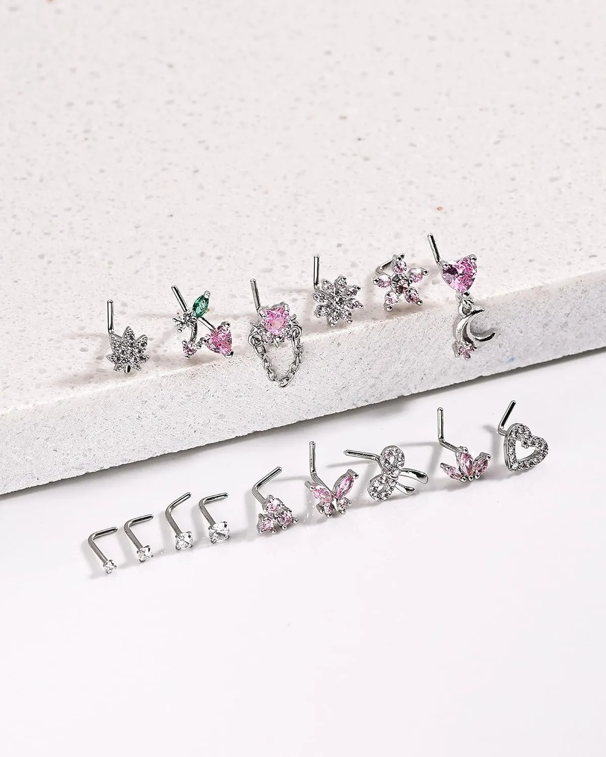 Nose Rings L Shaped for Women Nose Piercings 20G Surgical Stainless Steel Gold Nose Studs Pink Red CZ Heart Butterfly Flower Cherry Bow Moon Dangle Nose Piercing Jewelry