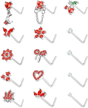 Nose Rings L Shaped for Women Nose Piercings 20G Surgical Stainless Steel Gold Nose Studs Pink Red CZ Heart Butterfly Flower Cherry Bow Moon Dangle Nose Piercing Jewelry