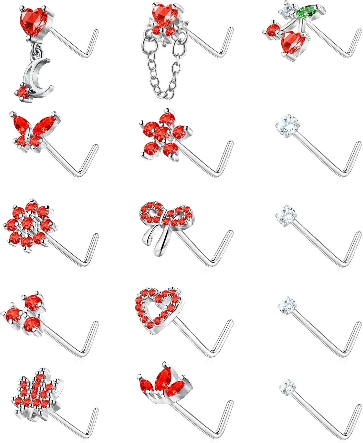Nose Rings L Shaped for Women Nose Piercings 20G Surgical Stainless Steel Gold Nose Studs Pink Red CZ Heart Butterfly Flower Cherry Bow Moon Dangle Nose Piercing Jewelry