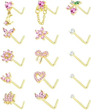Nose Rings L Shaped for Women Nose Piercings 20G Surgical Stainless Steel Gold Nose Studs Pink Red CZ Heart Butterfly Flower Cherry Bow Moon Dangle Nose Piercing Jewelry