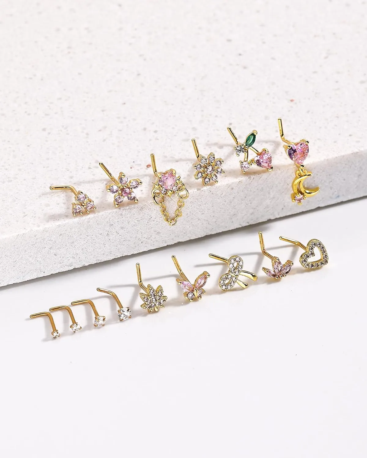 Nose Rings L Shaped for Women Nose Piercings 20G Surgical Stainless Steel Gold Nose Studs Pink Red CZ Heart Butterfly Flower Cherry Bow Moon Dangle Nose Piercing Jewelry
