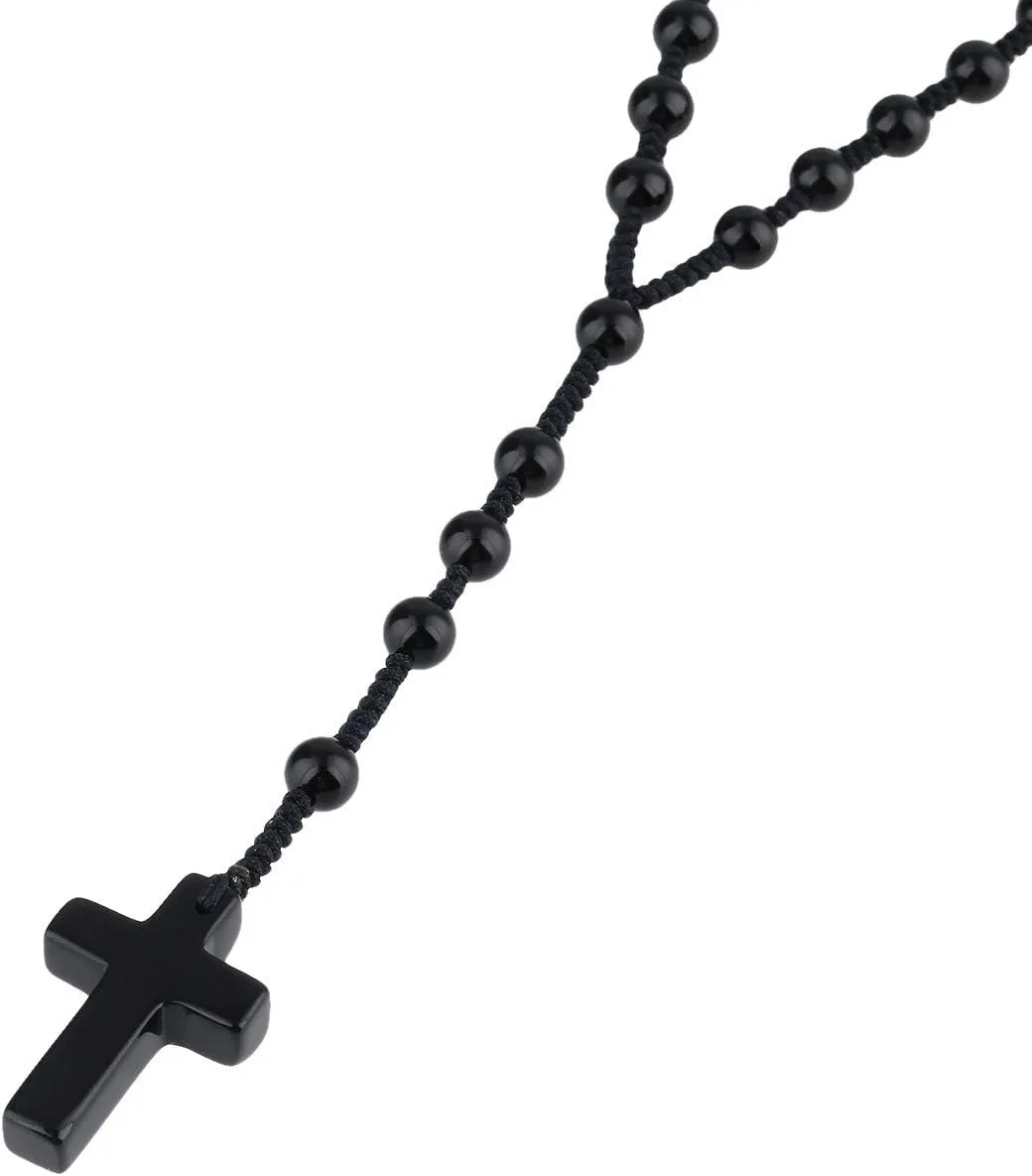 Nupuyai Natural Gemstone Cross Stone Pendant Necklace Amulet Healing Crystal Beads Long Braided Necklace for Women Men