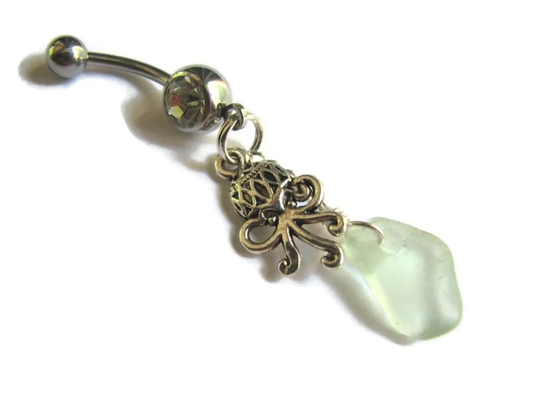 Octopus Belly Button Ring with Light Seafoam Sea Glass Charm