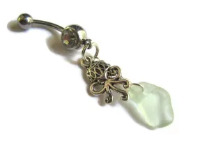 Octopus Belly Button Ring with Light Seafoam Sea Glass Charm
