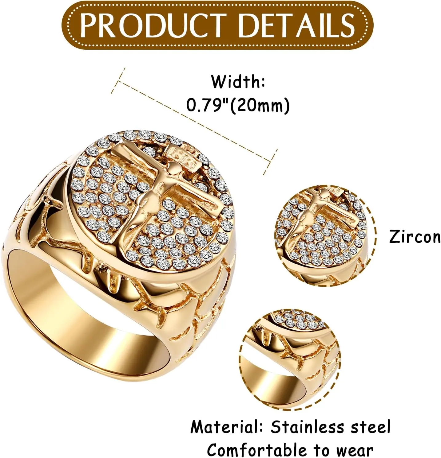 OIDEA Christian Jesus Rings for Men: Gold Tone Stainless Steel Zircon Religious Signet Ring Cocktail Party Biker Ring Statement Rings Band Jewelry Gifts