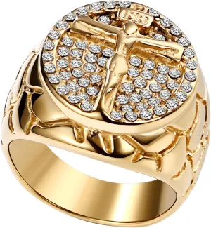 OIDEA Christian Jesus Rings for Men: Gold Tone Stainless Steel Zircon Religious Signet Ring Cocktail Party Biker Ring Statement Rings Band Jewelry Gifts