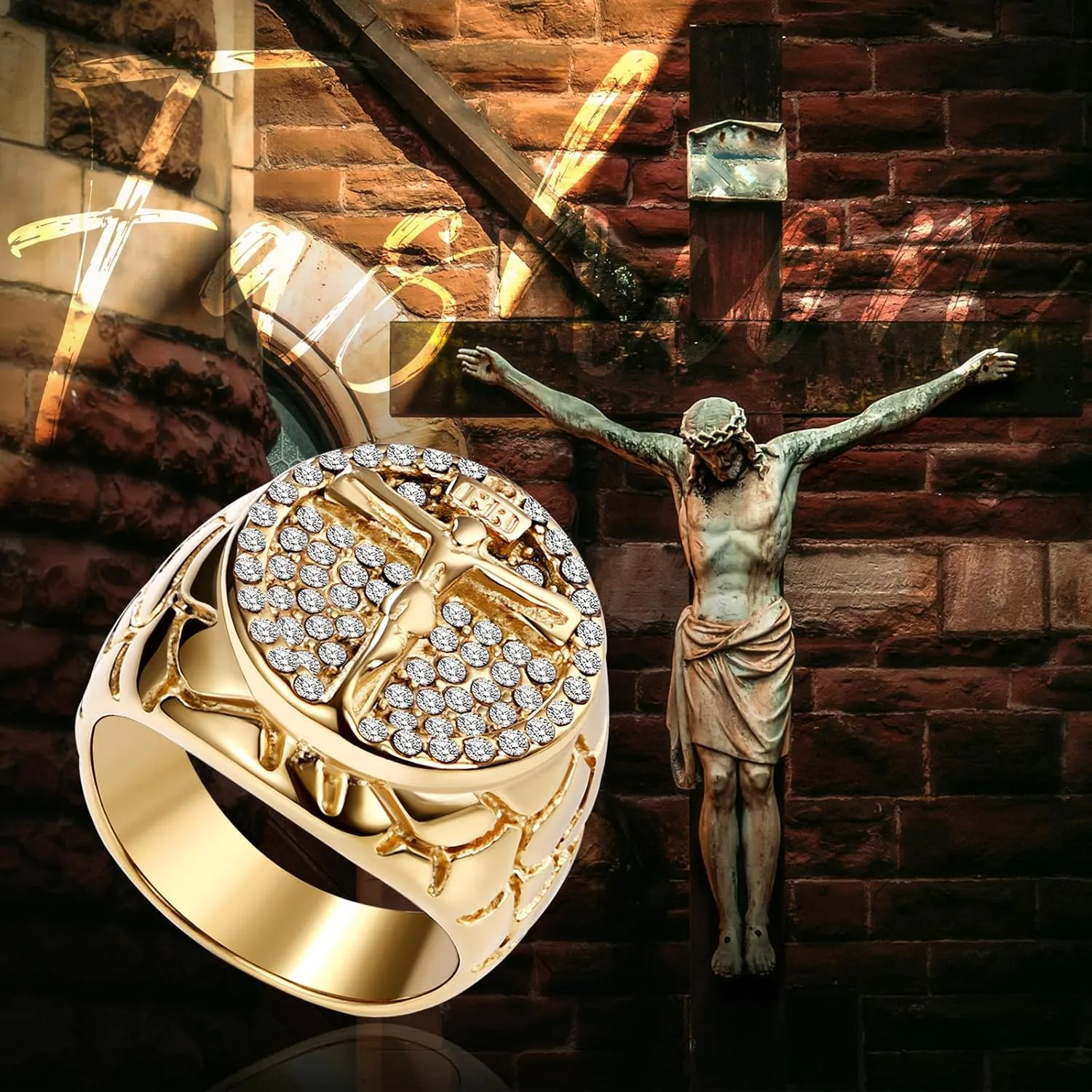 OIDEA Christian Jesus Rings for Men: Gold Tone Stainless Steel Zircon Religious Signet Ring Cocktail Party Biker Ring Statement Rings Band Jewelry Gifts