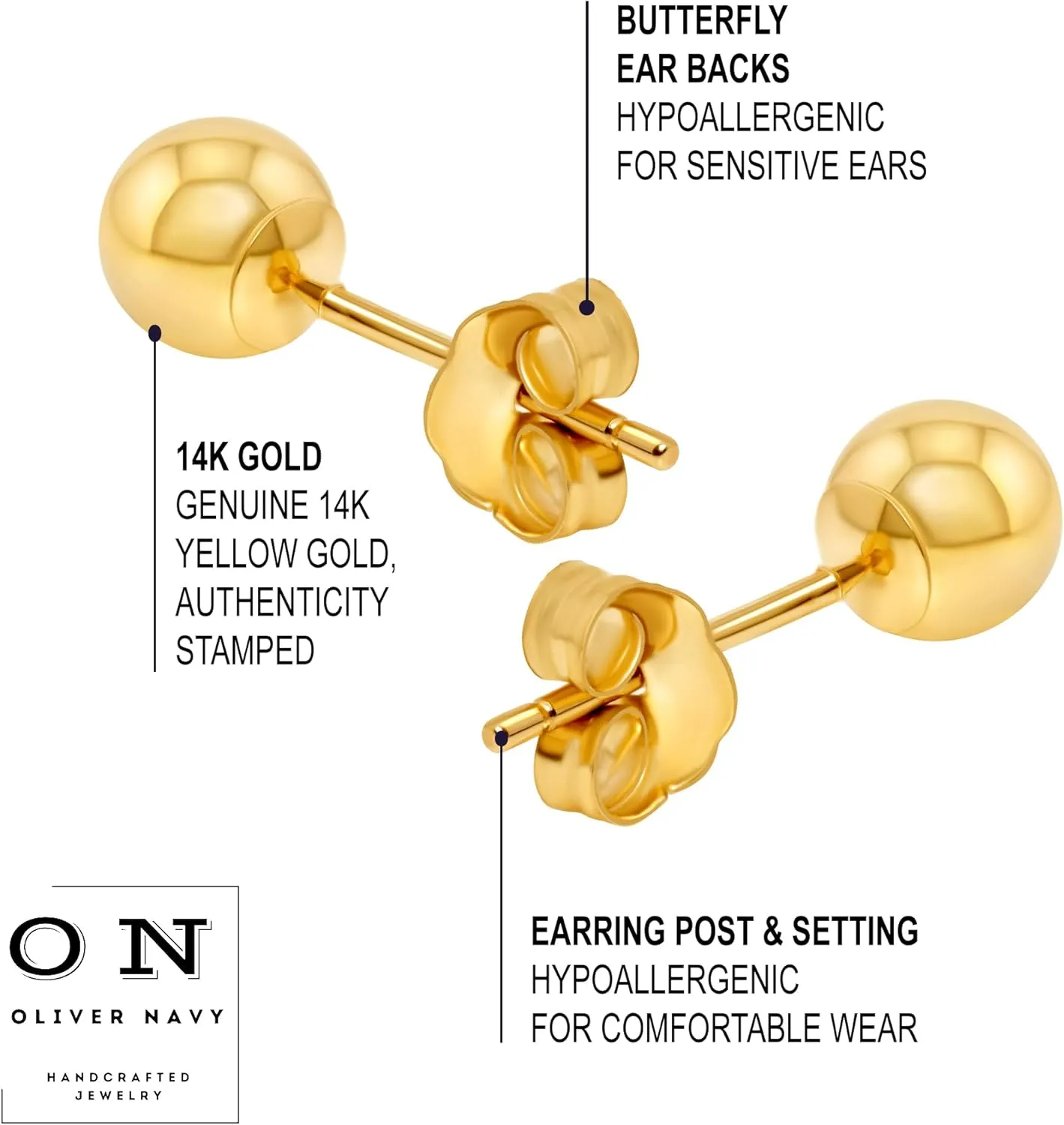 Oliver & Navy 14k Gold Ball Earrings Gold Stud Earrings For Women Hypoallergenic Earrings Gold Earrings For Women (3mm-8mm)