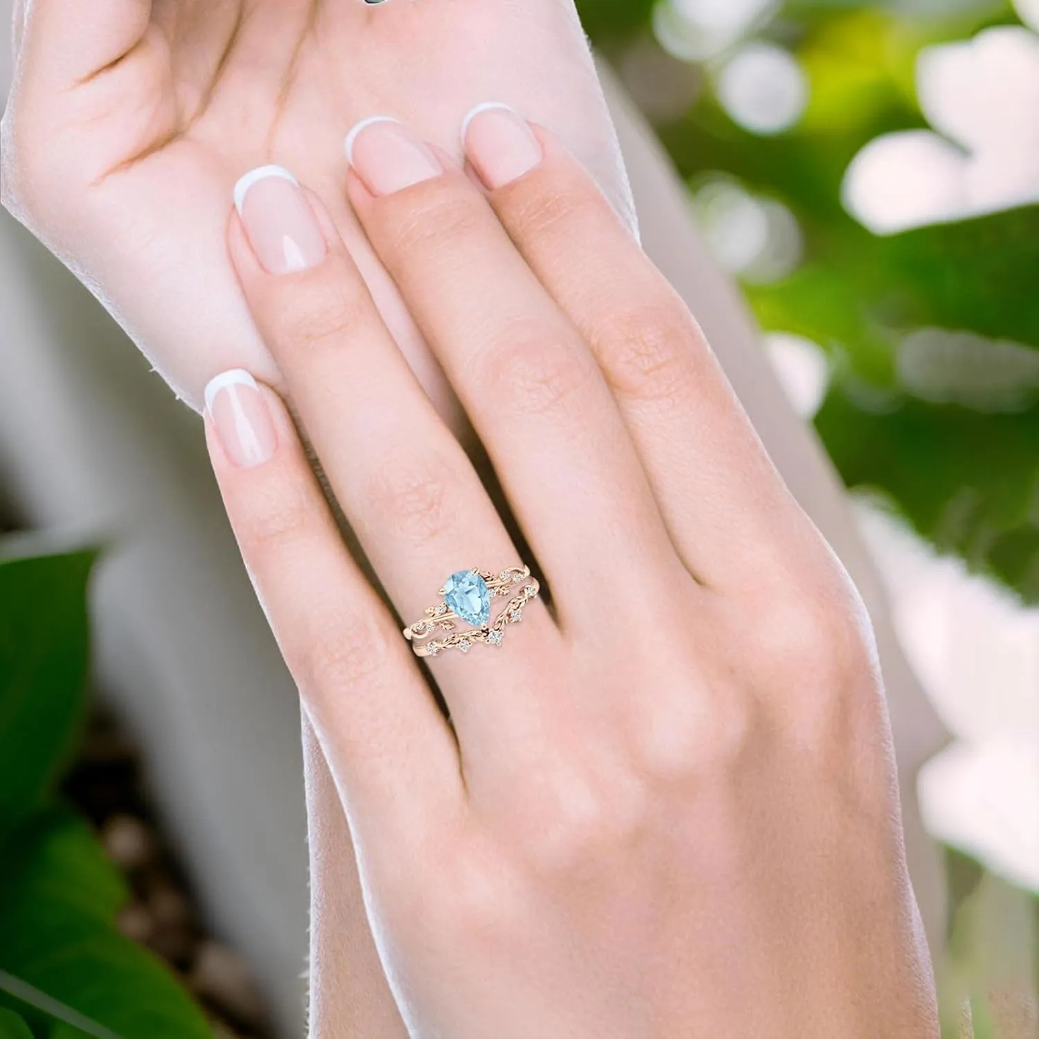 OMRANII Two Piece Art Deco Pear Teardrop Cubic Zirconia Curved Contour Band Chevron Ring Leaf Style Wedding Set Engagement Rings 925 Sterling Silver Birthday Gift For Women