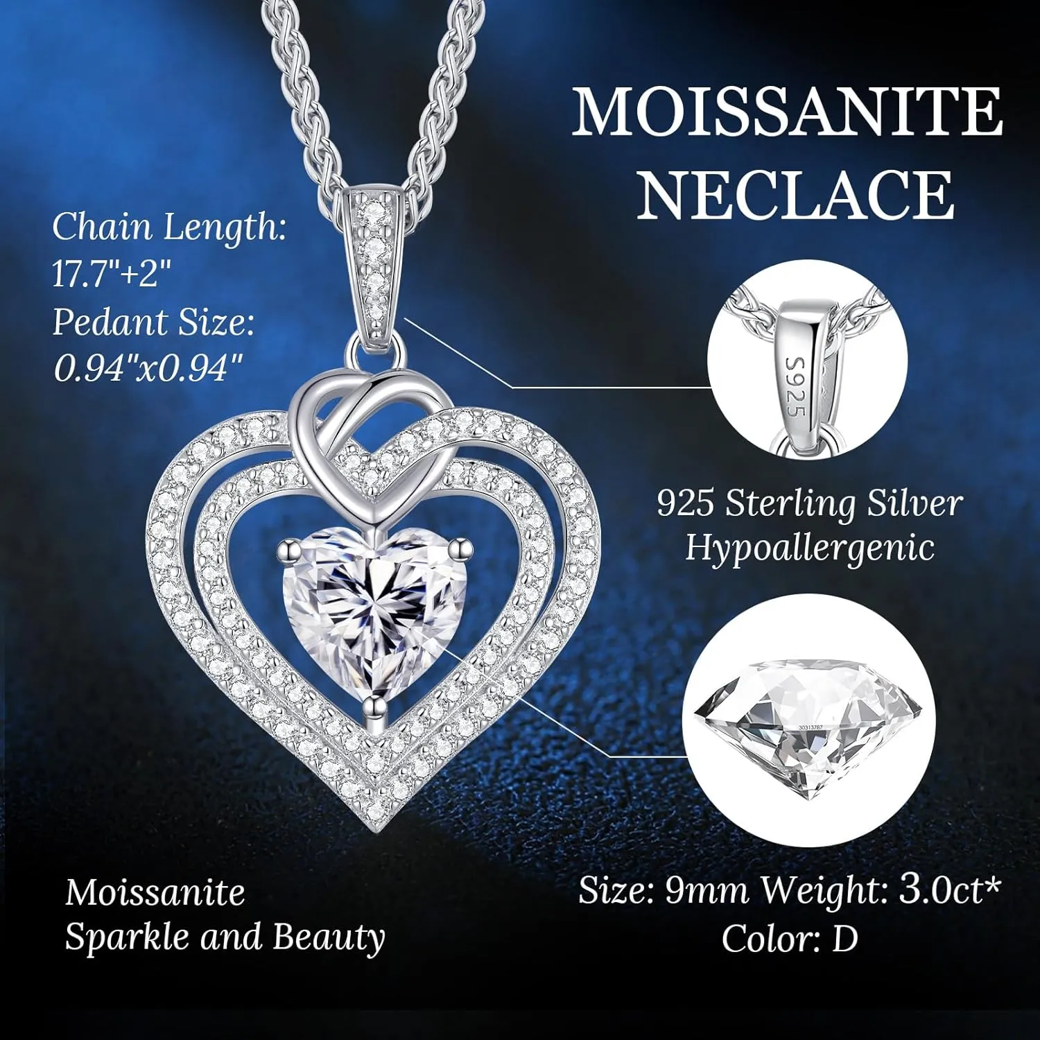 OOBEE Sparkling Love Heart Moissanite Necklaces for Women, D Color VVS Moissanite 925 Sterling Silver Fine Jewelry, Ideal Birthday Anniversary Christmas Gift for Women Wife Mom Girlfriend