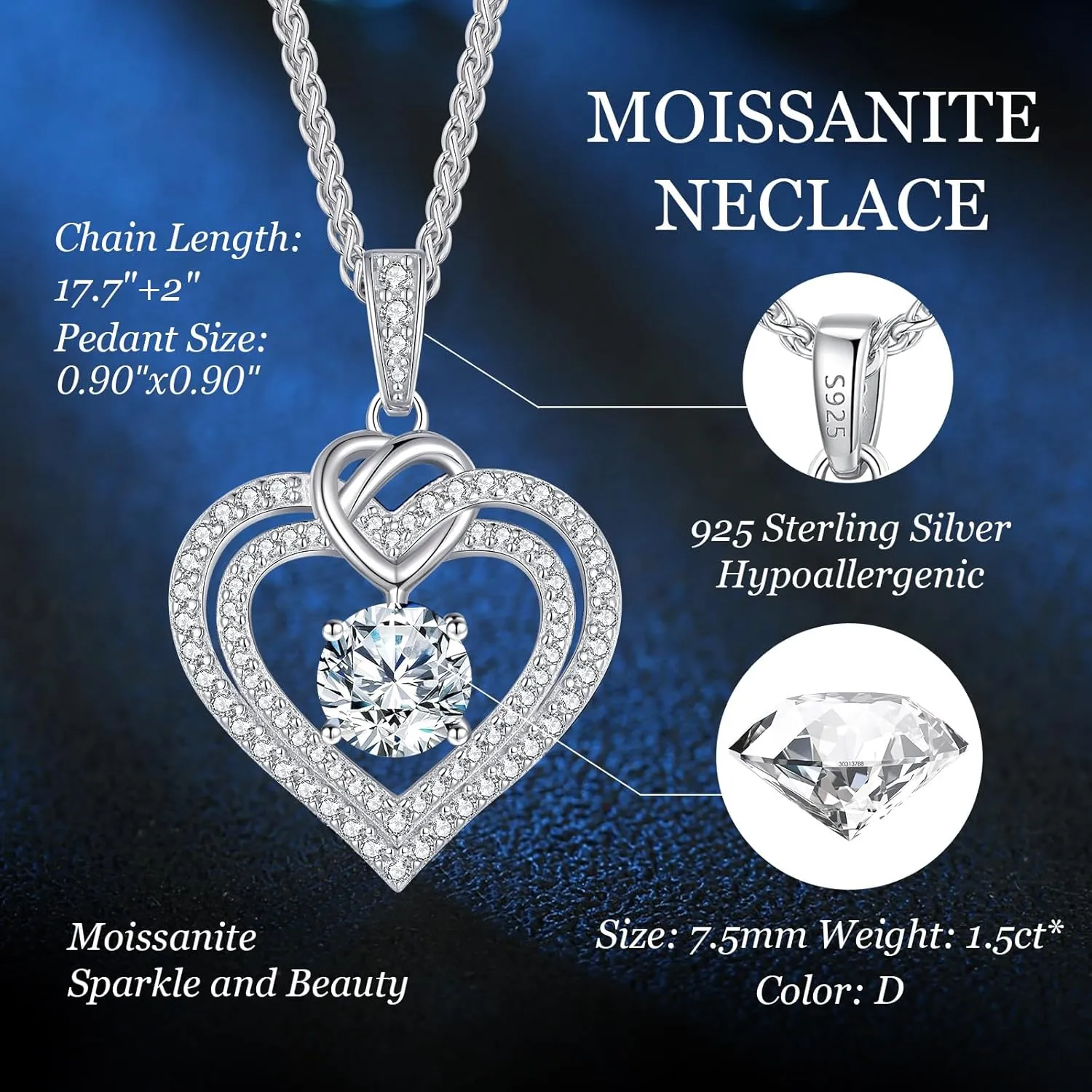 OOBEE Sparkling Love Heart Moissanite Necklaces for Women, D Color VVS Moissanite 925 Sterling Silver Fine Jewelry, Ideal Birthday Anniversary Christmas Gift for Women Wife Mom Girlfriend