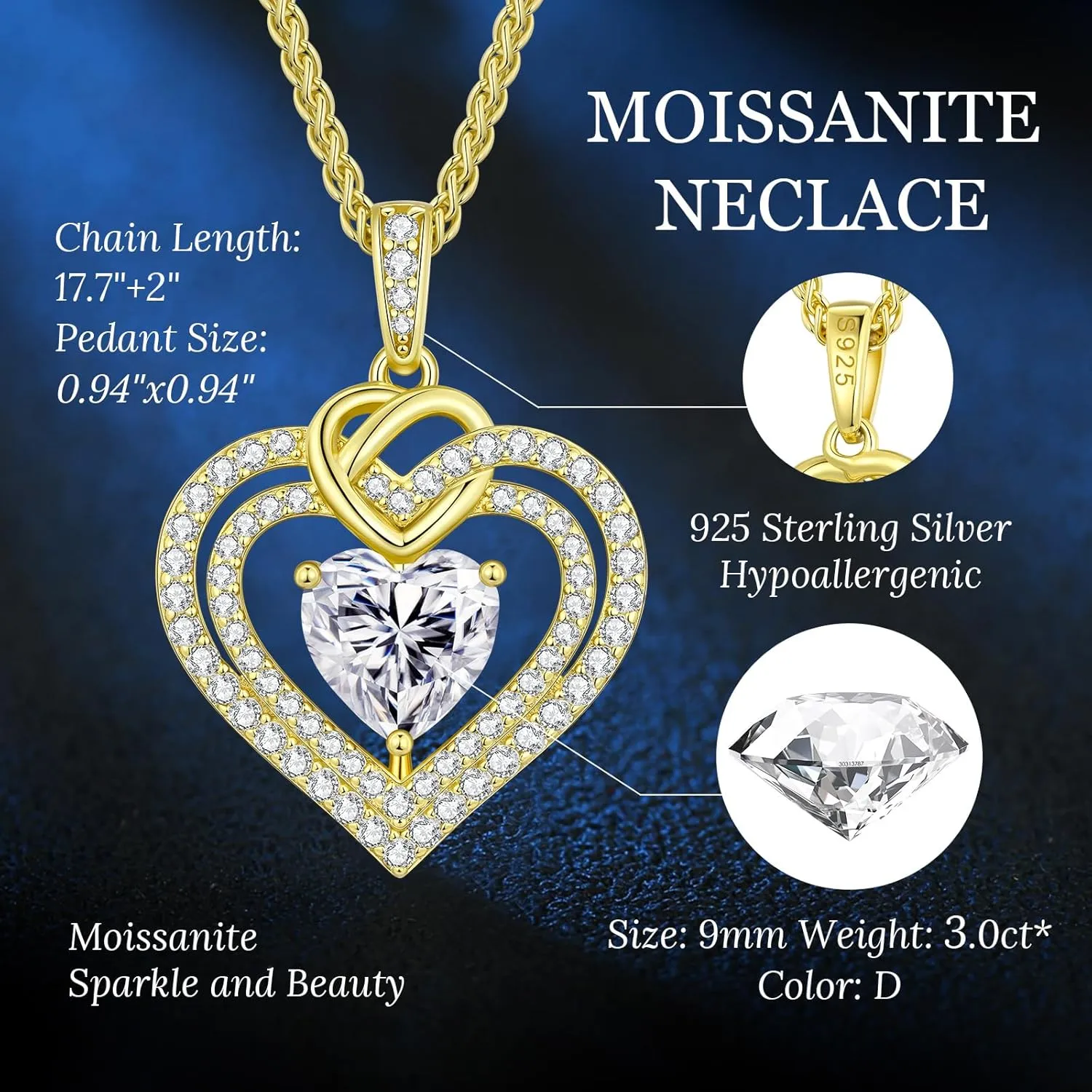 OOBEE Sparkling Love Heart Moissanite Necklaces for Women, D Color VVS Moissanite 925 Sterling Silver Fine Jewelry, Ideal Birthday Anniversary Christmas Gift for Women Wife Mom Girlfriend