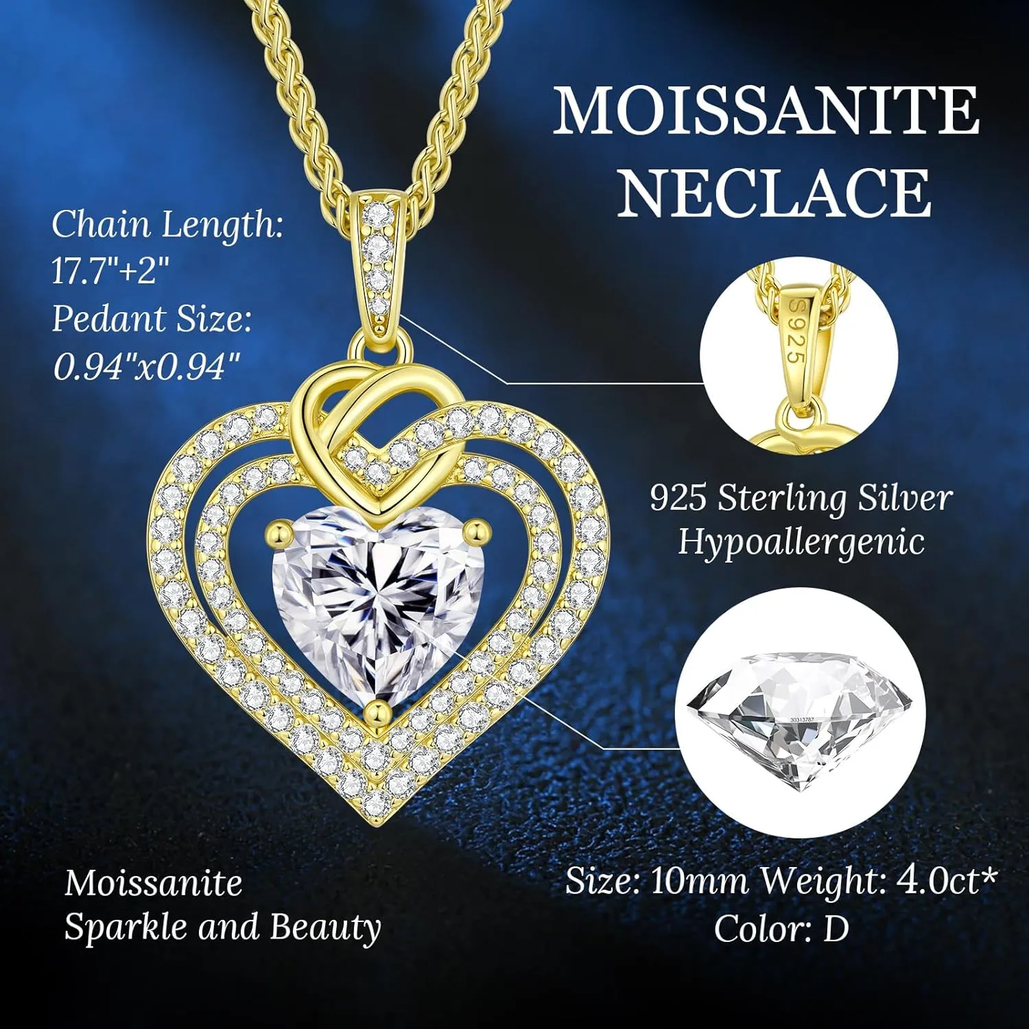 OOBEE Sparkling Love Heart Moissanite Necklaces for Women, D Color VVS Moissanite 925 Sterling Silver Fine Jewelry, Ideal Birthday Anniversary Christmas Gift for Women Wife Mom Girlfriend
