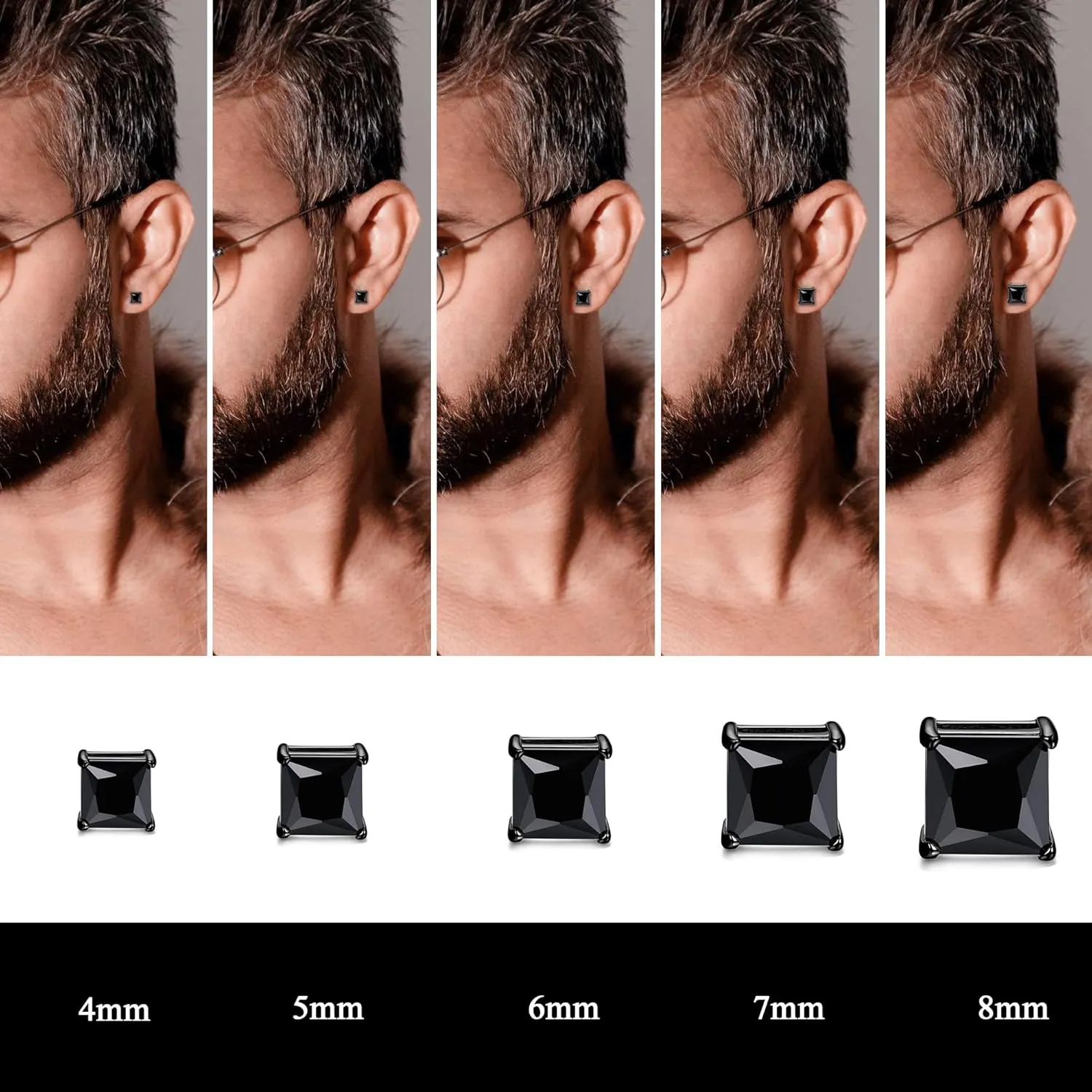 ORAZIO Black Silver Earrings for Men,Stainless Steel Cubic Zirconia Earrings 20G Mens Earrings Hypoallergenic CZ Earrings Studs Trendy Square Earring Studs Set 4-8MM