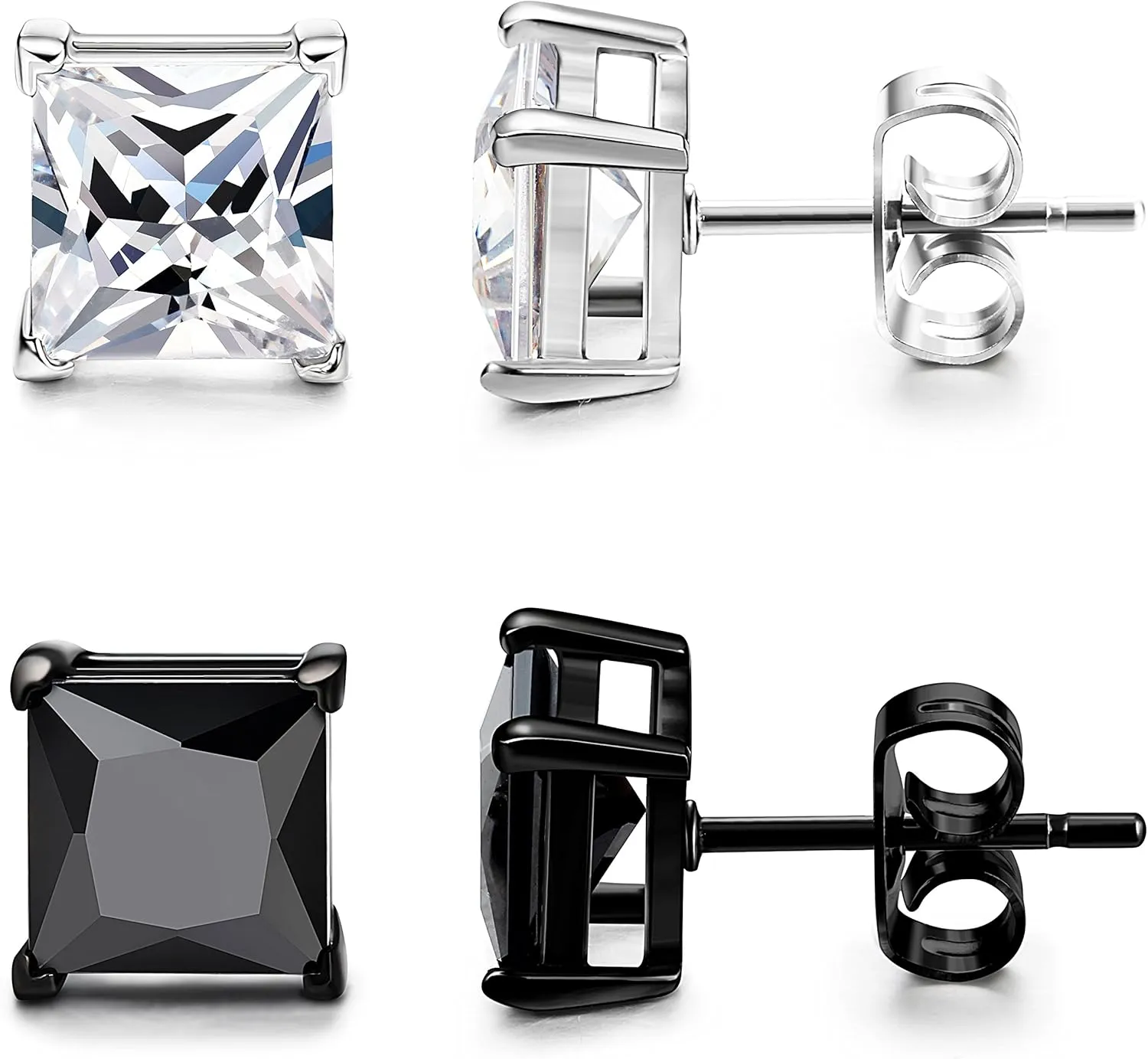 ORAZIO Black Silver Earrings for Men,Stainless Steel Cubic Zirconia Earrings 20G Mens Earrings Hypoallergenic CZ Earrings Studs Trendy Square Earring Studs Set 4-8MM