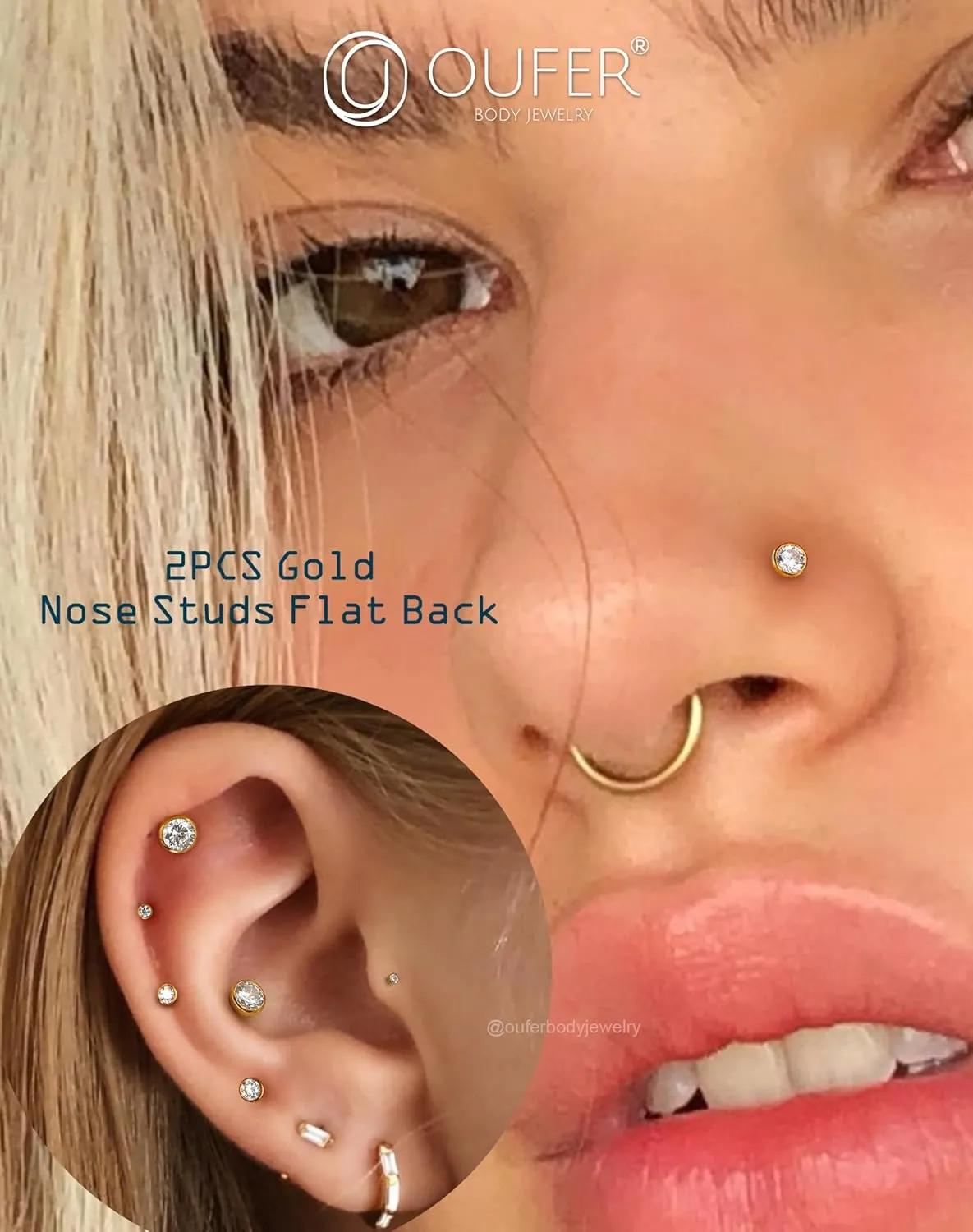 OUFER 2Pcs 20G/18G/16G G23 Titanium Threadless Nose Stud Earrings Flat Back Tiny CZ Small Nose Helix Cartilage Tragus Conch Labret Medusa Monroe Piercing Jewelry for Women Men
