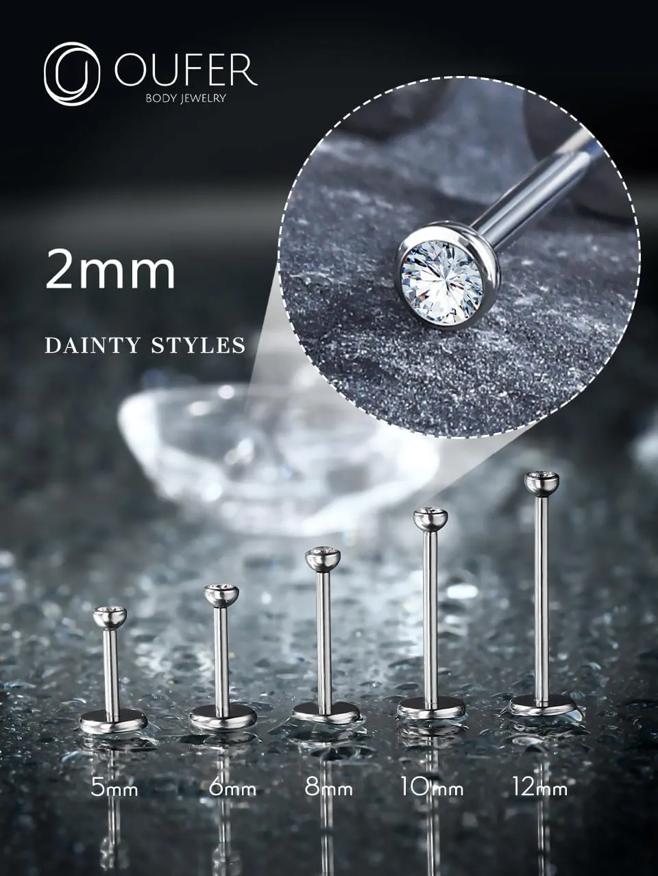 OUFER 2Pcs 20G/18G/16G G23 Titanium Threadless Nose Stud Earrings Flat Back Tiny CZ Small Nose Helix Cartilage Tragus Conch Labret Medusa Monroe Piercing Jewelry for Women Men