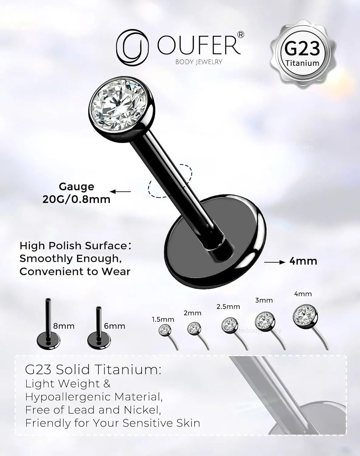 OUFER 2Pcs 20G/18G/16G G23 Titanium Threadless Nose Stud Earrings Flat Back Tiny CZ Small Nose Helix Cartilage Tragus Conch Labret Medusa Monroe Piercing Jewelry for Women Men